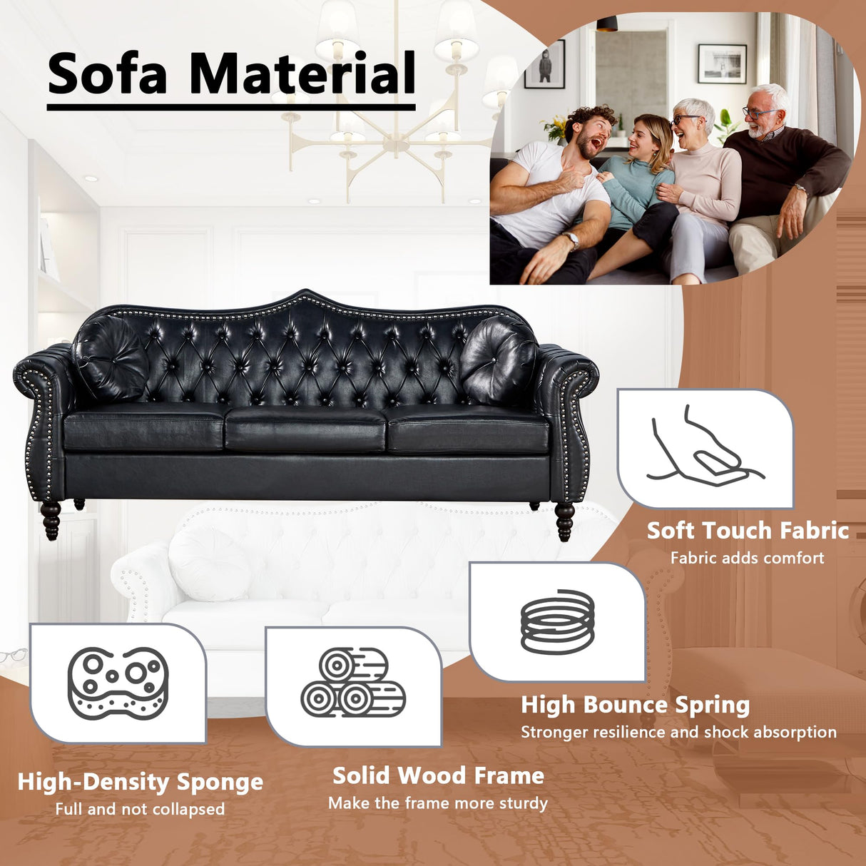 AVZEAR 82" Three Seater Leather Sofa, Chesterfield Sofa, Mid-Century Modern PU Upholstered Sofa Couch, Deep Button Tufted Living Room Sofa with Two Throw Pillows, Black AVZEAR