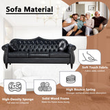 AVZEAR 82" Three Seater Leather Sofa, Chesterfield Sofa, Mid-Century Modern PU Upholstered Sofa Couch, Deep Button Tufted Living Room Sofa with Two Throw Pillows, Black AVZEAR