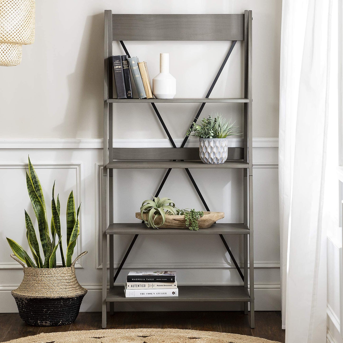 Modern Farmhouse Grey Wood Bookcase by Walker Edison - 4 Shelves for Home Office and Living Room Storage - WoodArtSupply