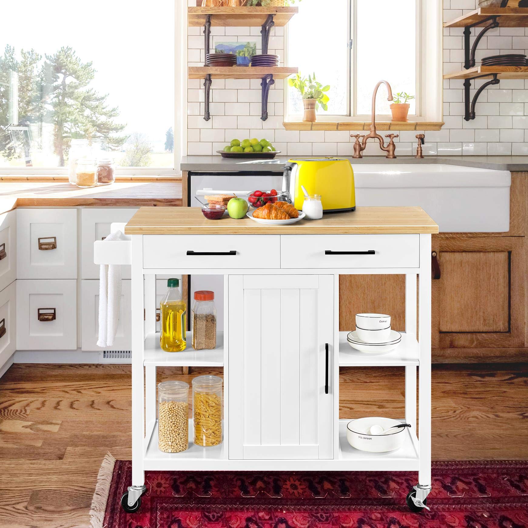 Yaheetech Kitchen Island Cart with Bamboo Countertop, Rolling Kitchen Storage Trolley with 2 Drawers and Adjustable Shelves, Compartment Cabinets and Towel Bar, 38.5x18x36 Inches, White - WoodArtSupply