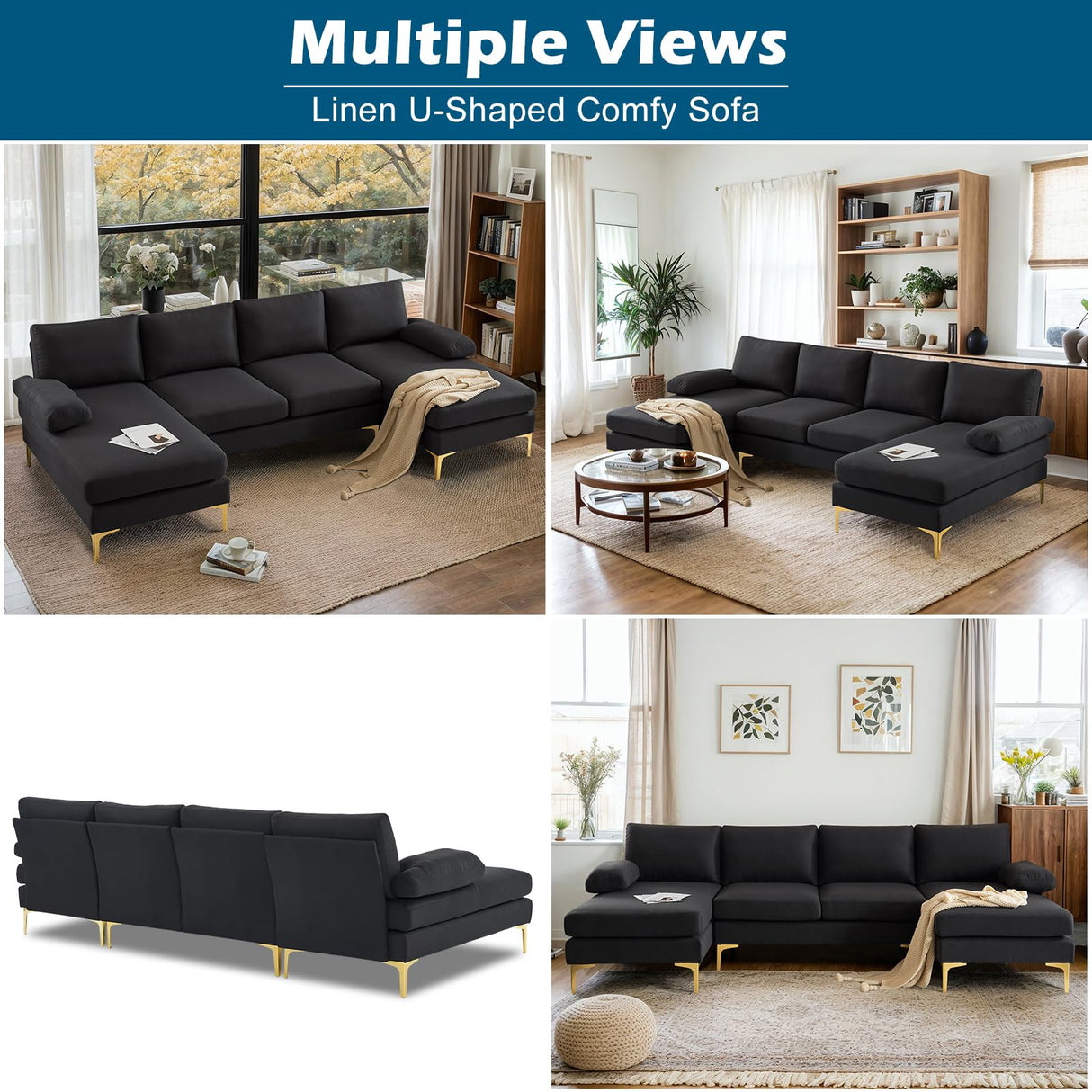 VINGLI 110" Modern U Shaped Sectional Couch with 51"D Double Chaise for Living Room, Black Deep Seat Sectional Sofa Sets with 5.9" Thickness Seating Padding for Home Furniture,Linen Fabric,Metal Legs VINGLI
