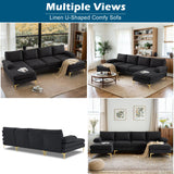 VINGLI 110" Modern U Shaped Sectional Couch with 51"D Double Chaise for Living Room, Black Deep Seat Sectional Sofa Sets with 5.9" Thickness Seating Padding for Home Furniture,Linen Fabric,Metal Legs VINGLI