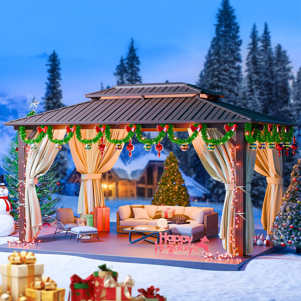 HOTEEL 10x12 Hardtop Gazebo with Heavy Duty Galvanized Steel Double Roof, Aluminum Frame, Flame-Resistant Curtains and Netting, Outdoor Gazebo Permanent Gazebo for Backyard, Brown (Upgraded 2.0) Hoteel