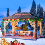 HOTEEL 10x12 Hardtop Gazebo with Heavy Duty Galvanized Steel Double Roof, Aluminum Frame, Flame-Resistant Curtains and Netting, Outdoor Gazebo Permanent Gazebo for Backyard, Brown (Upgraded 2.0) Hoteel