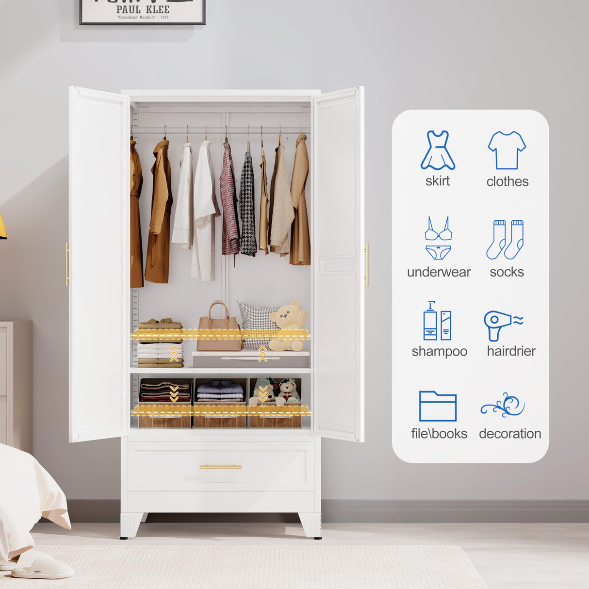 GAIOUS Steel Armoire Wardrobe Closet with Mirror Doors, 71" Household Wardrobe Cabinet with Hanging Rod and Drawer, Metal Clothing Storage Cabinet with Adjustable Shelf for Bedroom, Cloak, Gym(White) GAIOUS