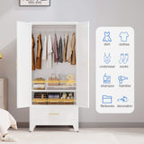 GAIOUS Steel Armoire Wardrobe Closet with Mirror Doors, 71" Household Wardrobe Cabinet with Hanging Rod and Drawer, Metal Clothing Storage Cabinet with Adjustable Shelf for Bedroom, Cloak, Gym(White) GAIOUS