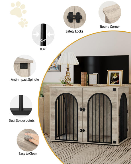 Hzuaneri 44.1" Dog Crate Furniture, Dog Kennel Indoor Arched Door Design, Wooden Dog Crate Furniture for Small/Medium/Large Dog, Side Table, TV Stand, Anti-Chew, Anti-Escape, Greige Black Hzuaneri