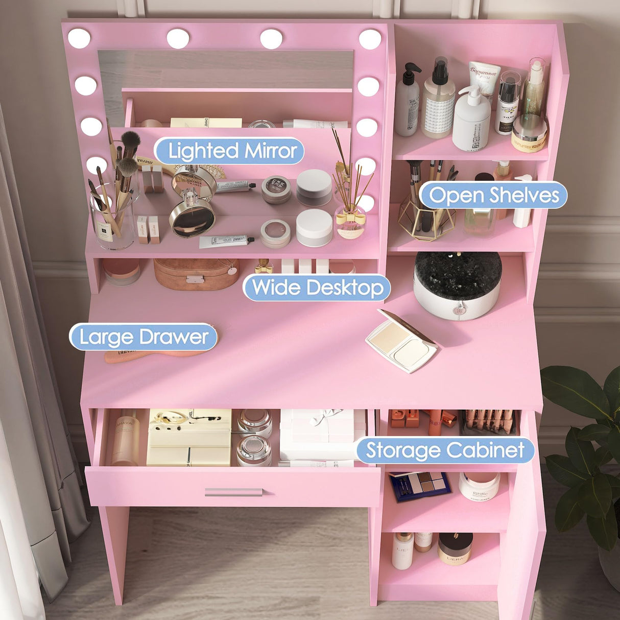 Mdhitsox Vanity Desk with Mirror and Lights, Makeup Vanity Desk, Dressing Table Set with Drawers, Cabinets, Shelves, 3 Lighting Modes Brightness Adjustable, Modern Vanity Set for Gifts Bedroom (Pink) Mdhitsox