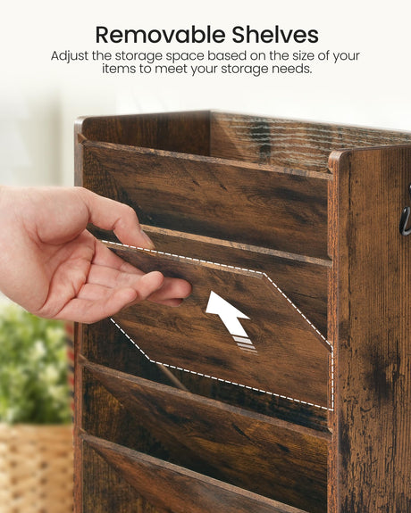 CHOEZON Wall File Organizer, 6-Tier Vertical Mount Hanging Holder with 2 Side Hooks, Vintage Wooden Magazine Storage Crate with Bottom Flat Tray, Desk Organizer, for Office, Home, Rustic Brown MWJ01FG CHOEZON