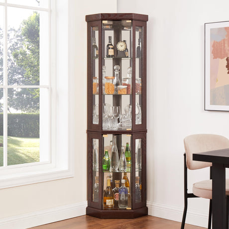 nifoti 69" H Lighted Curio Cabinet Corner Display Case,Corner Glass Cabinet with Tempered Glass Door and Adjustable Shelves,Wooden Curio case with Mirrored Back Pane (Style 2 - Dark Cherry) nifoti