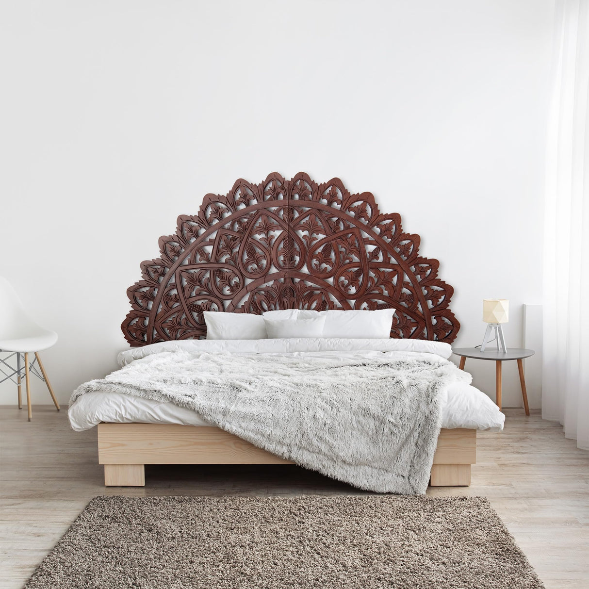 Half Moon King Wood Headboard Rustic | Carved Full Headboard Only | Wooden Headboard Full Size Bed | Wall Mount Headboard King | Full Bed Headboard Panels (Mahkota Dark Brown, Cal King) KultureDeco