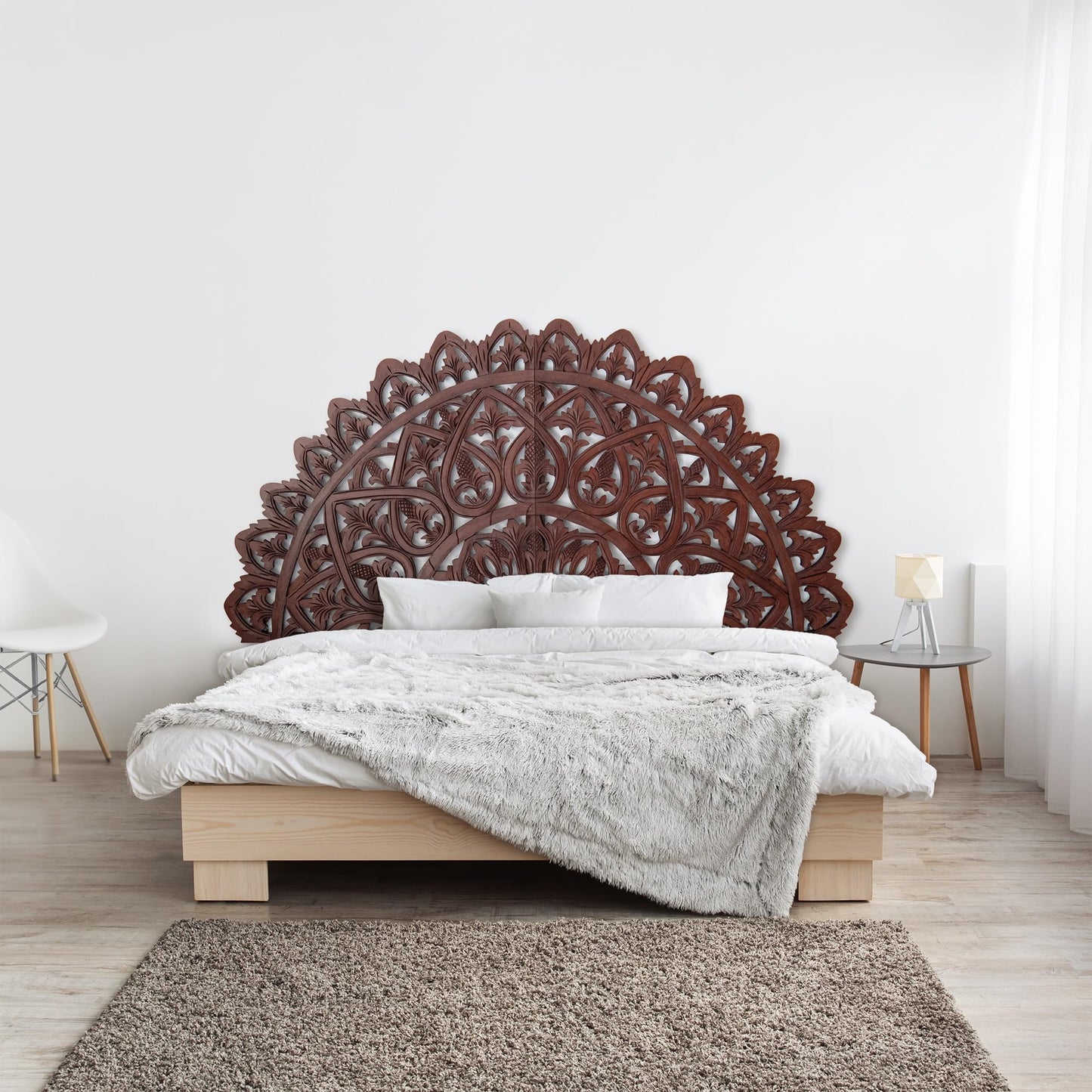 Half Moon King Wood Headboard Rustic | Carved Full Headboard Only | Wooden Headboard Full Size Bed | Wall Mount Headboard King | Full Bed Headboard Panels (Mahkota Dark Brown, Cal King) - WoodArtSupply