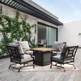 Grand patio 5-Piece Patio Furniture Set with 29-Inch CSA Approved Woodgrain Propane Gas Fire Pit Table Outdoor Rocking Chairs with Gray Olefin Cushions for Dining Party Grand patio