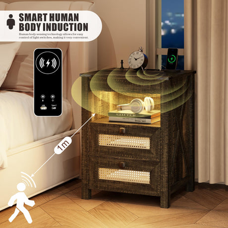 FREDEES Farmhouse Nightstand with Gun Drawer, End Table with Charging Station, LED Bedside Table with Human Sensor Light, Rattan Night Stand for Bedroom, Rustic Brown FREDEES