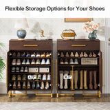Tribesigns Shoe Cabinet with Doors, 20 Pairs Shoe Storage Cabinet with Drawer for Entryway, Modern Shoe Rack Organizer with Adjustable Shelves for Hallways Bedroom Living Room, Walnut & Gold Tribesigns