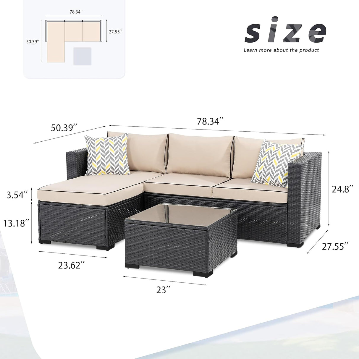 Shintenchi 3 Pcs Patio Furniture Set,Outdoor Sectional Black Wicker Patio Conversation Set,All-Weather Rattan Patio Couch with Washable Cushions and Glass Coffee Table(Khaki) Shintenchi