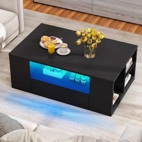 DWVO LED Modern Coffee Tables for Living Room, High Gloss Black Coffee Table with Storage, Small Wood Center Coffee Table with Open Side Shelf and 2 Sliding Drawers, Black DWVO