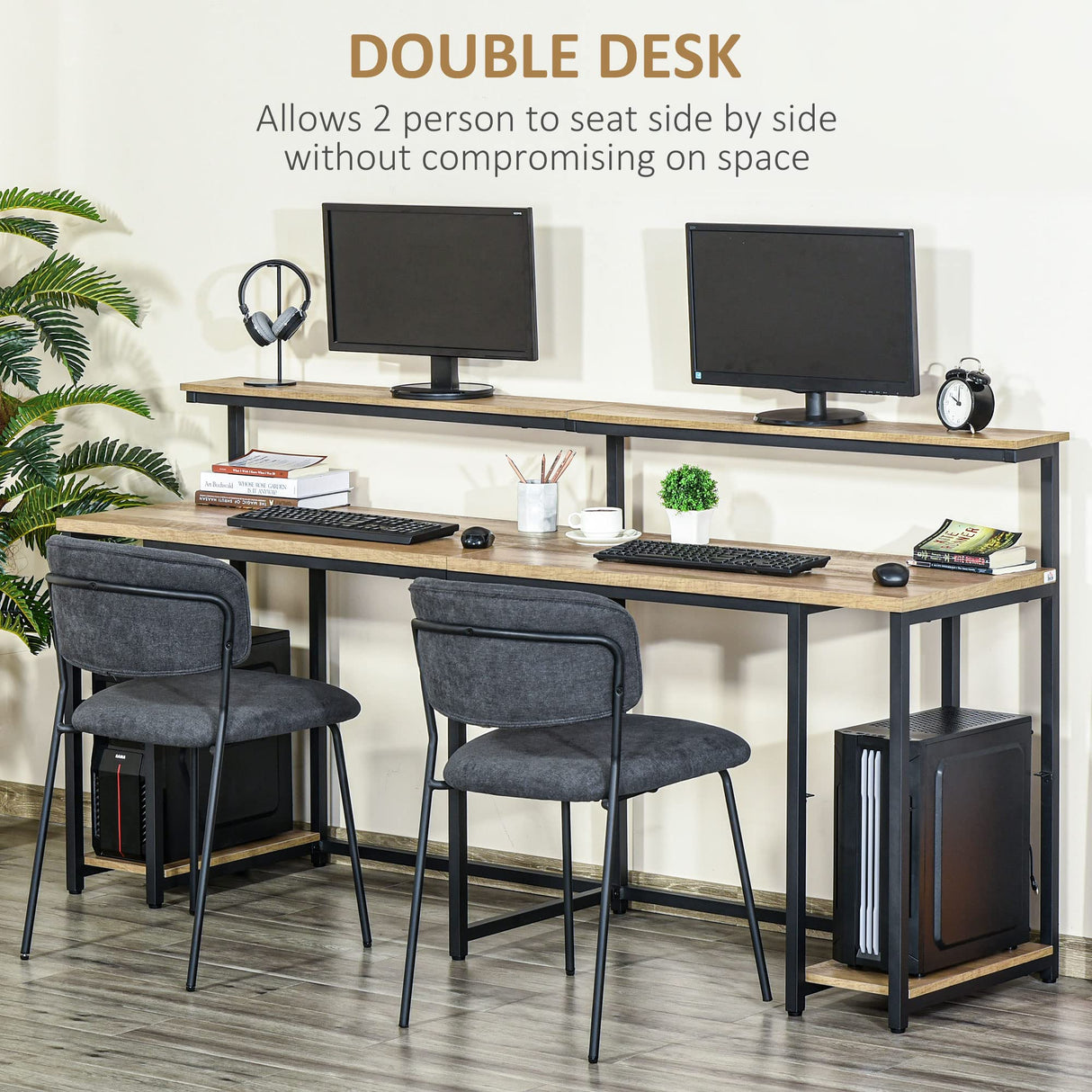 HOMCOM 78.75 Inches Double Computer Desk for Two Person, Extra Long Home Office Desk with Monitor Shelf and CPU Stand, Brown HOMCOM