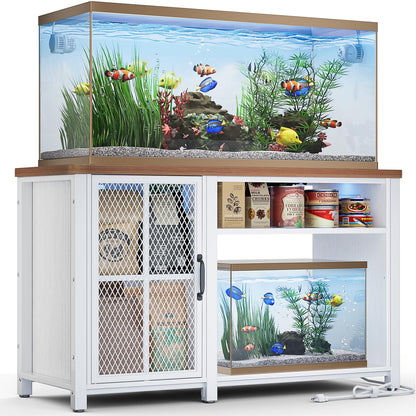 HAIOOU 55-75 Gallon Aquarium Stand with LED Light & Power Outlets, Cross Design Fish Tank Stand Heavy Duty Metal Frame Aquarium Table with Cabinet Storage, Fit for Turtle Tank, 880LBS Loads - - WoodArtSupply