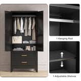 Washsemba 71'' Farmhouse Metal Wardrobe Cabinet with Hanging Rod, 2 Barn Door Wardrobe Closet with Adjustable Shelves,2 Drawer,for Dining Room,Bedroom,Living Room, Cloak Room,Office (Black) Washsemba