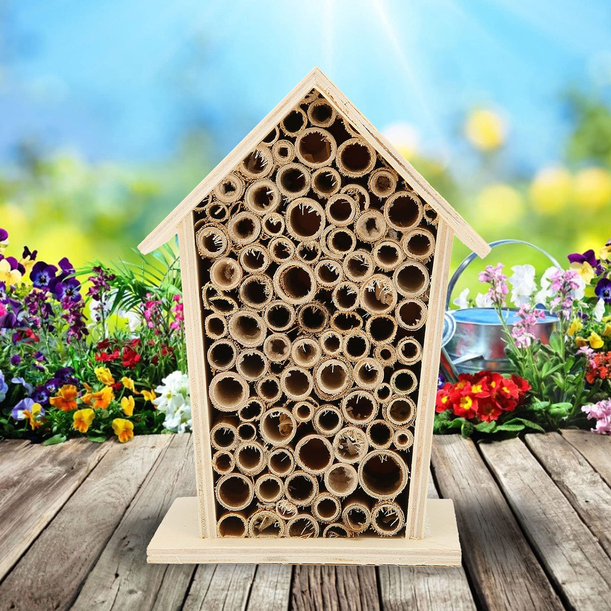 Native Hive Wooden Bee House, Natural Handmade Wooden Bee Box Habitat with Bamboo Tubes,Insect House Shelter for Attracting Peaceful Bee Pollinators (2PCS) Restokki