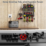 Power Tool Organizer Wall Mount with Charging Station, 4 Layer Storage Rack and Tool Holder for Garage Organization, 6 Drill Holder Wall Mount, 4 Hooks and 6 Outlet Power Strip, Great Men's Gift FULOOPHI