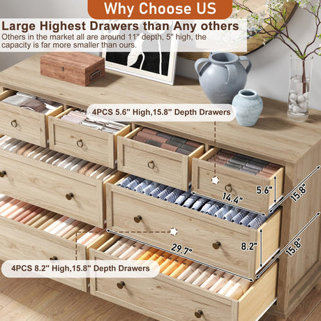 chartustriable 65inch Large Long Drawer Dresser w/Deep Drawers,Rustic Wood 8 Drawer Dresser with Large Capacity for Living Room,Wooden Chest of Drawers for Bedroom,Living Room,Entryway,Oak chartustriable