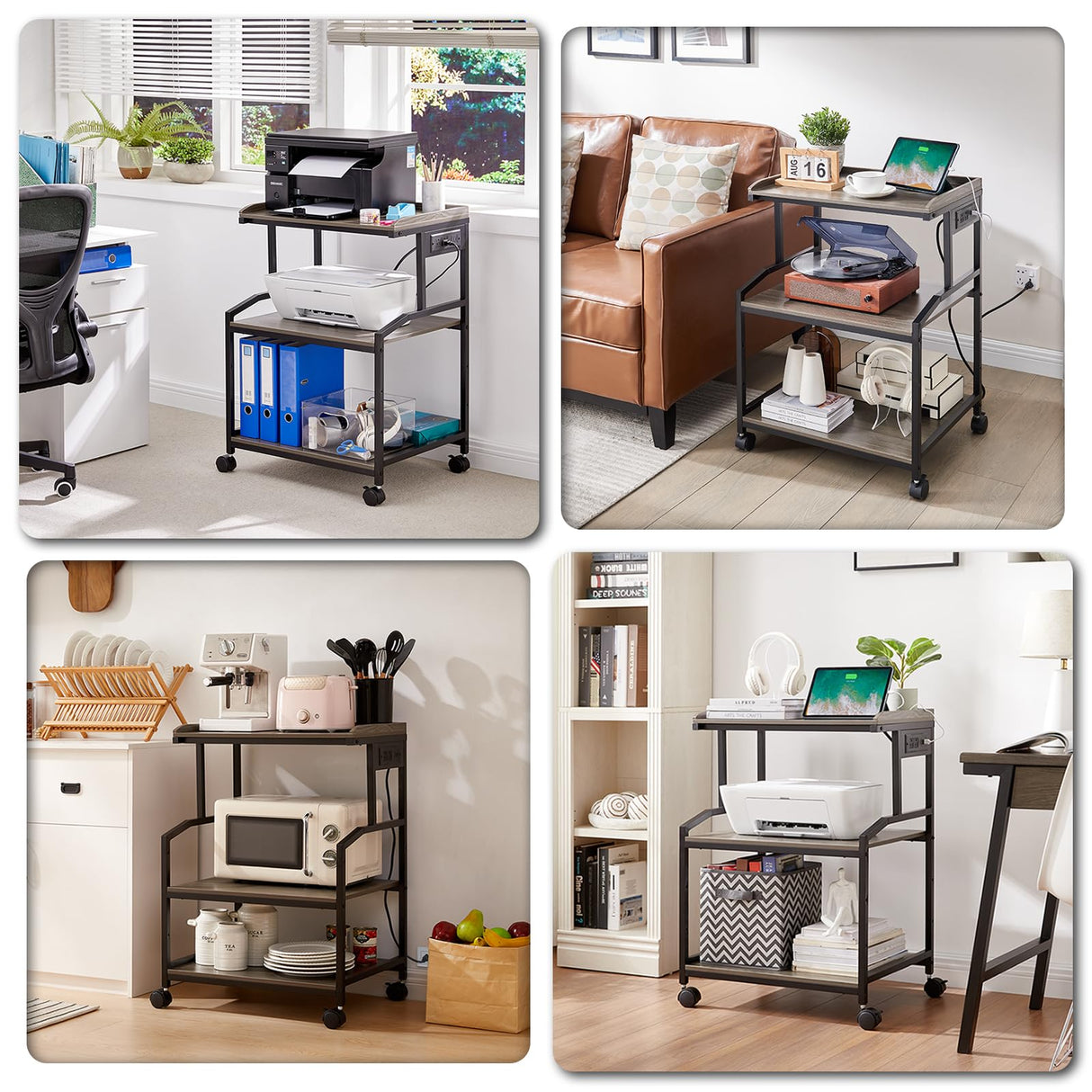 Lauren&Harold 3-Tier Printer Stand with Storage Printer Table with Charging Station and USB Ports, Rolling Printer Cart with Adjustable Shelf, Large Printer Stand with Wheels for Home Office Lauren Harold