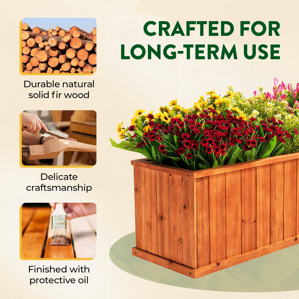 Idzo Wooden Window Box 40 in, Spacious Wooden Planter Boxes with Convenient Drainage Holes, Durable Oil Coated Window Box for Flowers & Plants, Decor Garden, Balcony, Backyard, Easy Assembly IDZO