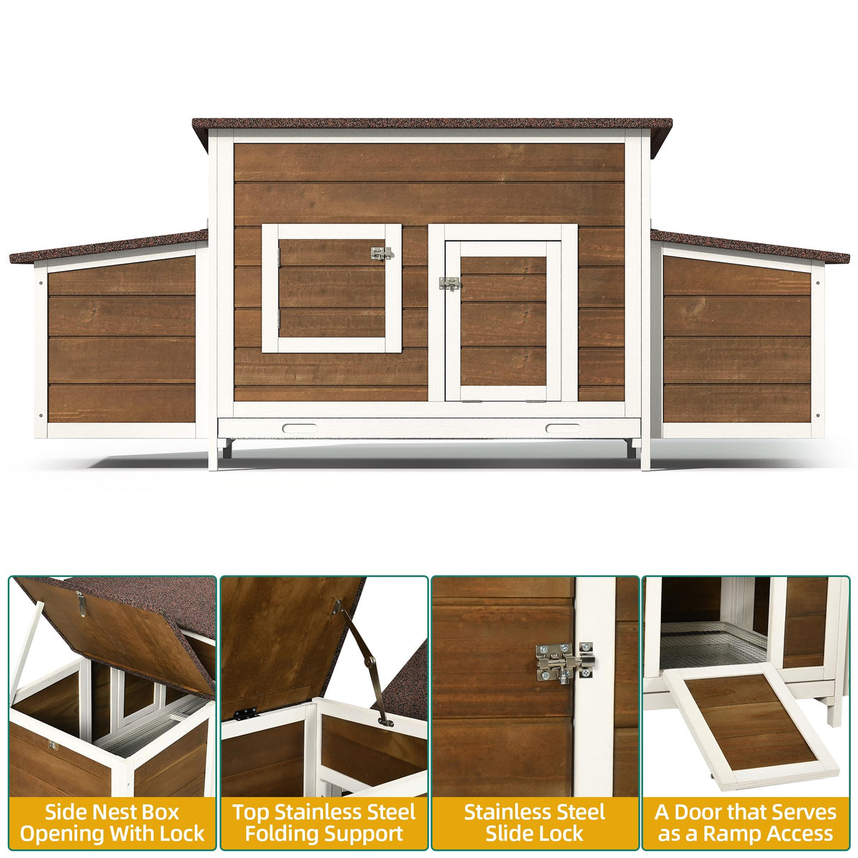 DWVO Solid Wood Chicken Coop for 4-6 Chickens, Outdoor Wooden Chicken Run Pen with 2 Nesting Boxes, Poultry Cage Rabbit Hutch Duck Coop Hen House w Weatherproof Roof & Removable Tray, Brown DWVO