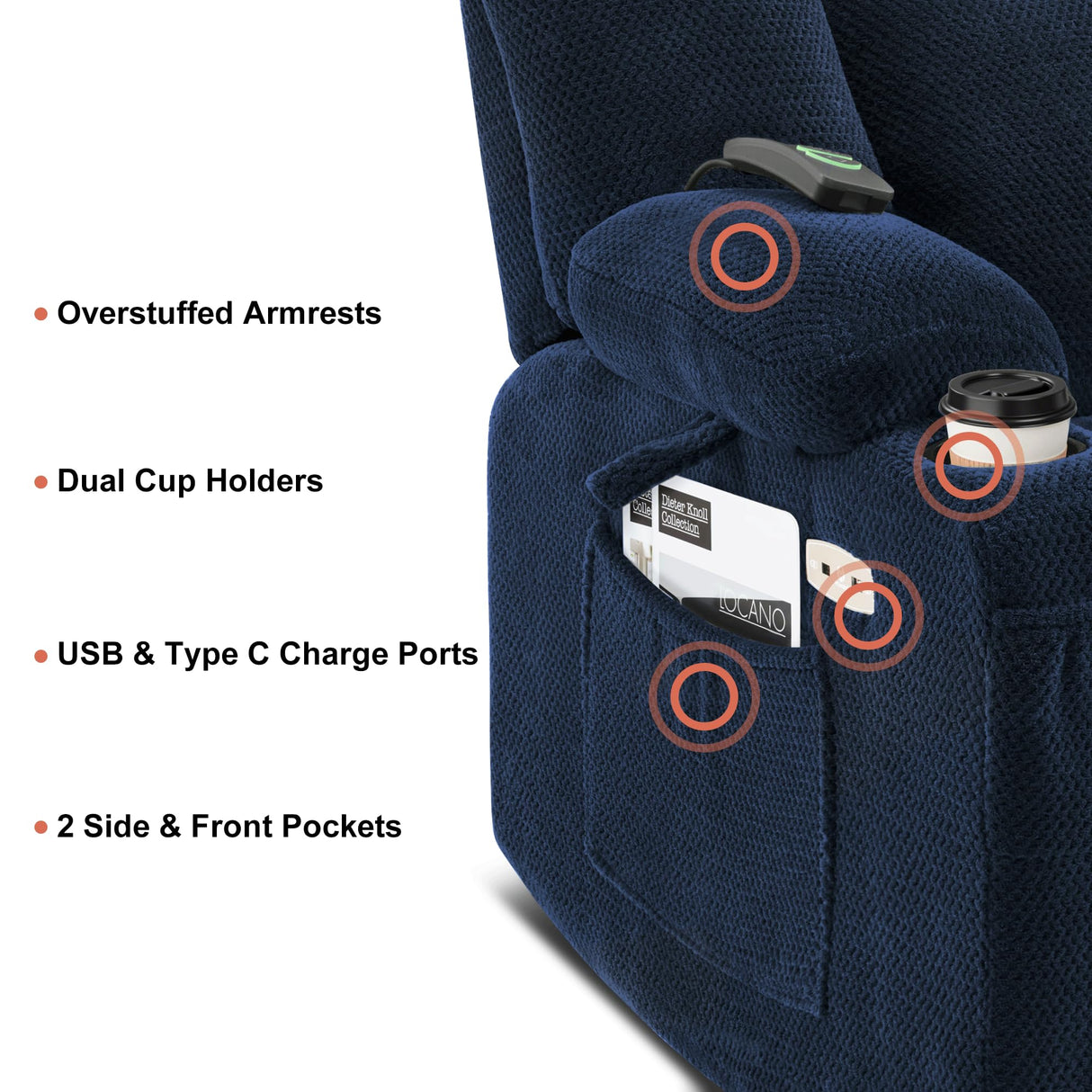 MCombo Zero Gravity Power Recliner Chair with Heat and Vibration Massage, Reclining Chair with USB & Type C Ports, Cup Holders for Living Room, Fabric 8015 (Navy Blue) MCombo