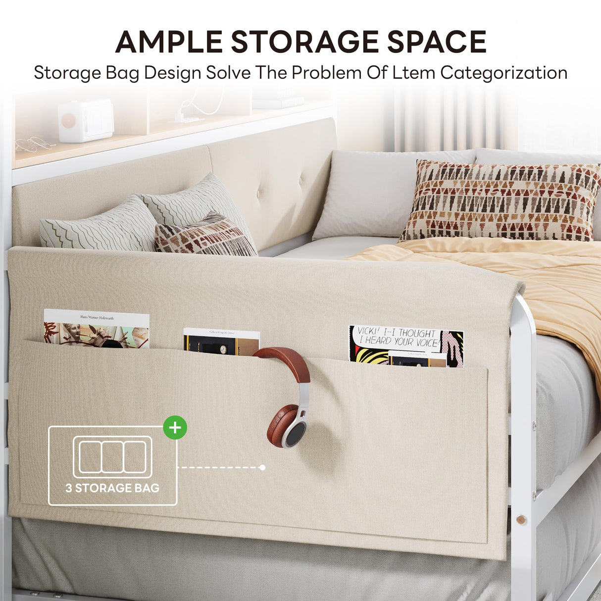 LIKIMIO Daybed with Trundle, Twin Bed Frame with Upholstered Headboard and Charging Station, Sofa Day Bed with Strong Supports for Living Room, Bedroom and Guest Room, White LIKIMIO