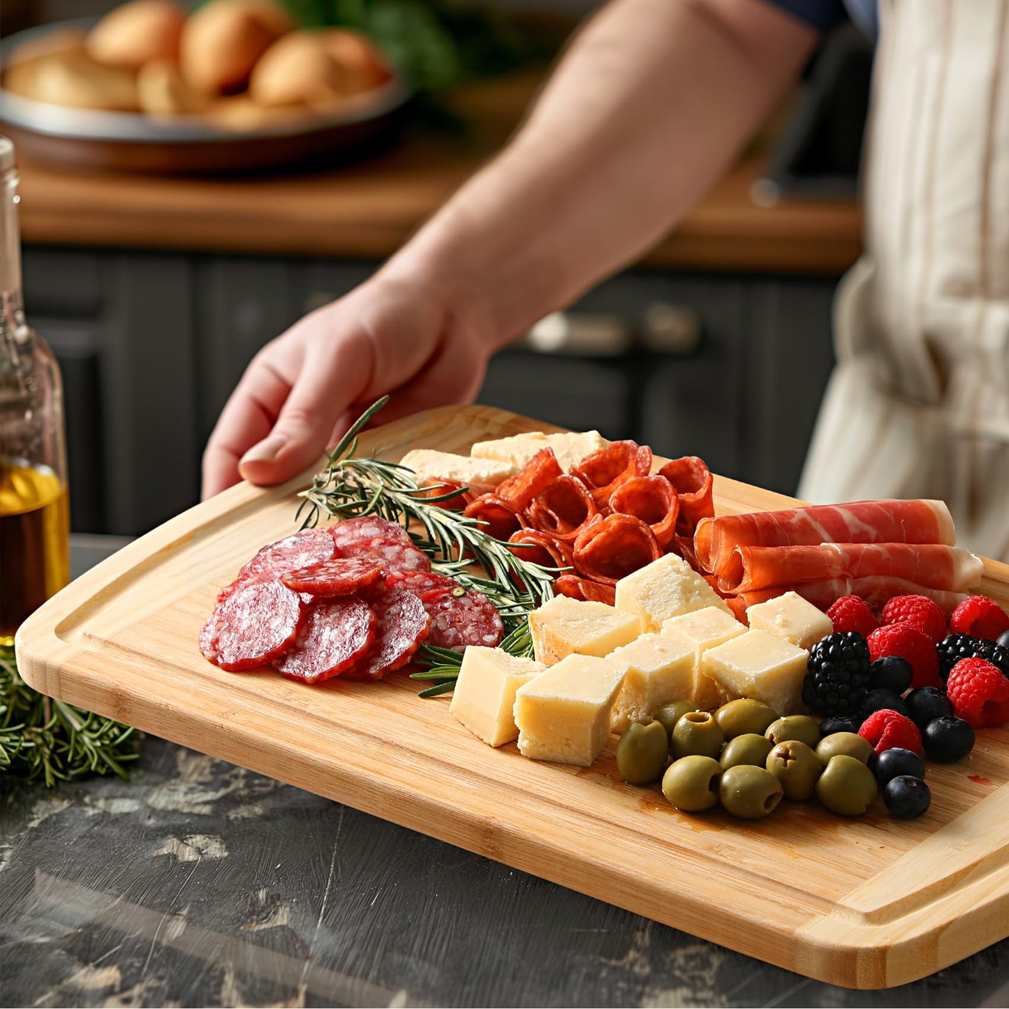 Large Wooden Cutting Board for Kitchen Meal Prep & Serving - Bamboo Cutting Boards with Juice Groove Side Handles, Charcuterie & Chopping Butcher Block - 100% Organic Bamboo, Pre Oiled, 16" x - WoodArtSupply