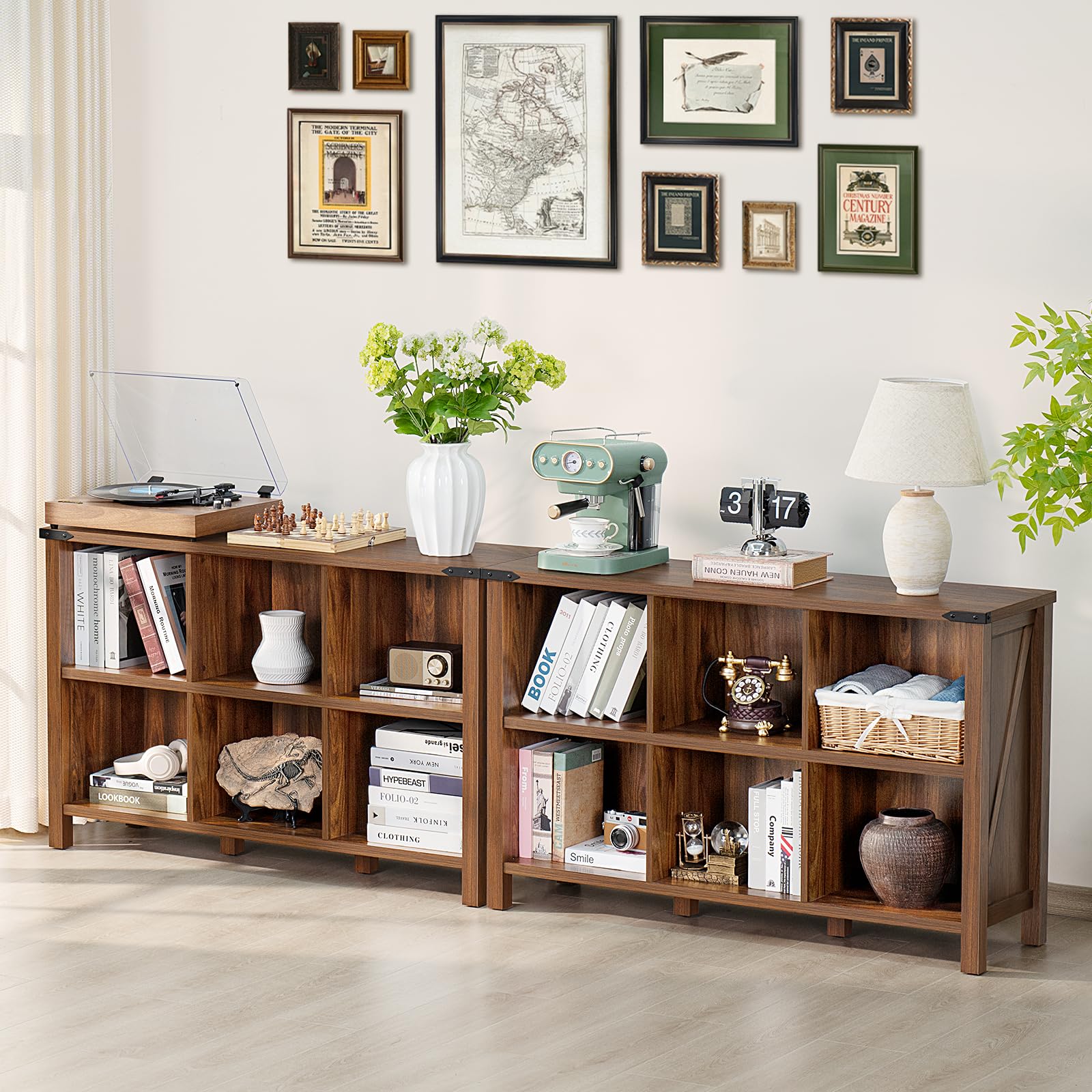 Joaxswe Rustic 6 Cube Wood Bookshelf – 3 Tier Brown Walnut Storage Organizer with Legs - WoodArtSupply