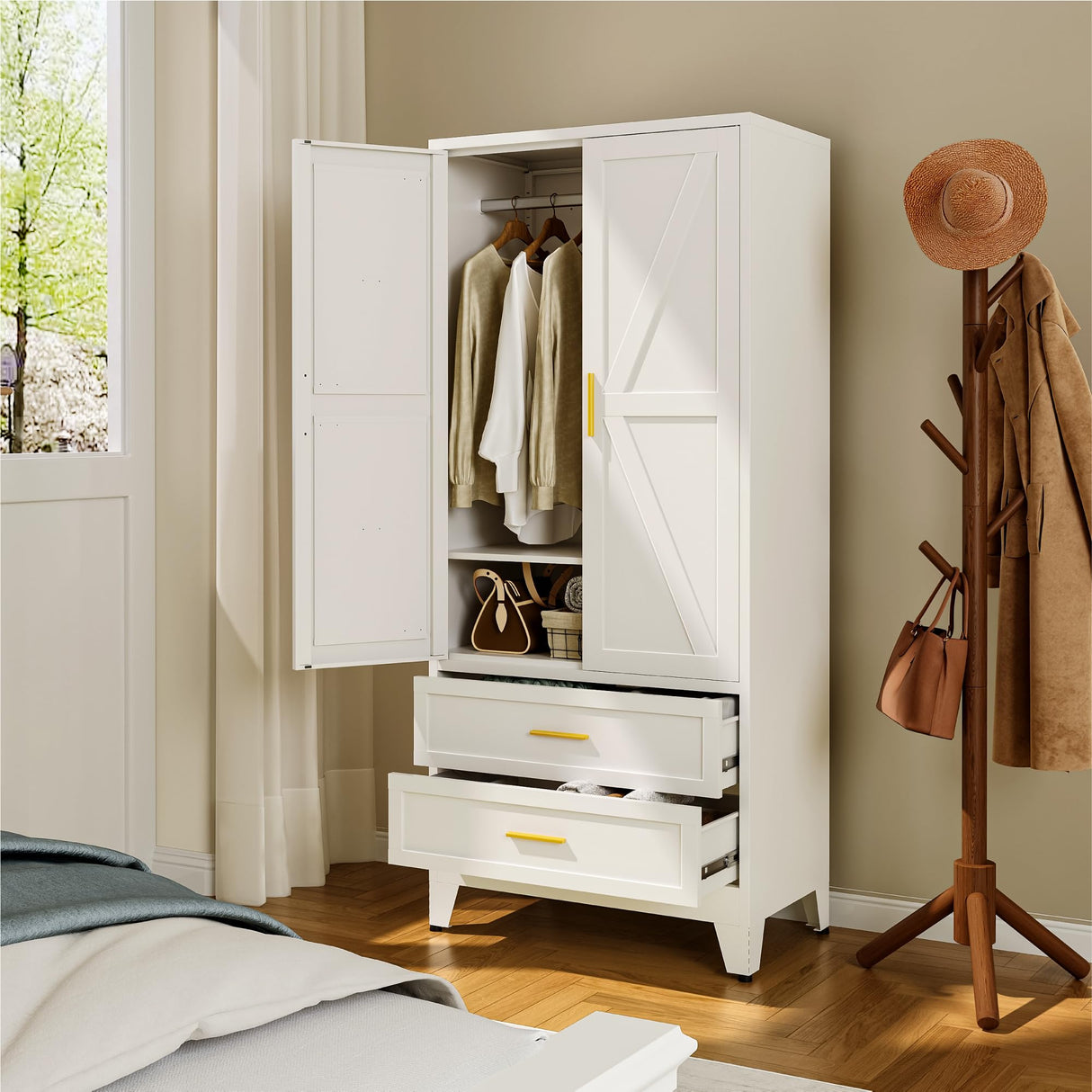 YAUWOH Farmhouse Wardrobe Cabinet with 2 Drawers,Metal Wardrobe Closet with Hanging Rod,Metal Armoire with Adjustable Shelves for Bedroom,Living Room, Cloak Room,Office (White) YAUWOH