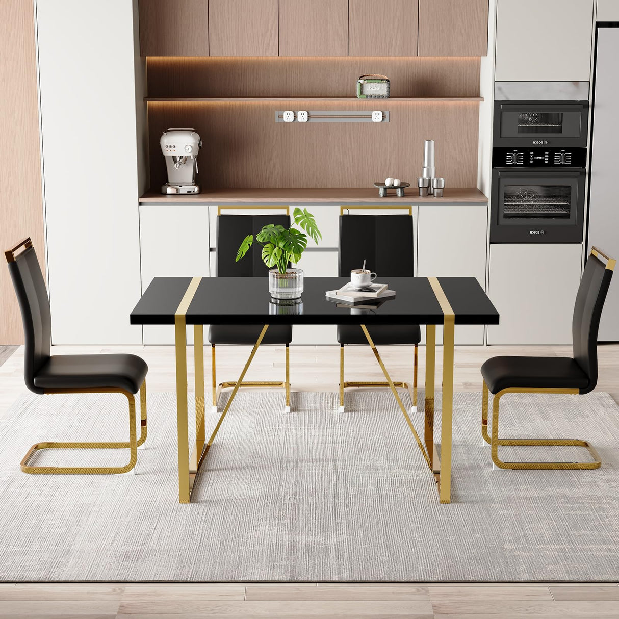 CTPNMCIN Modern Dining Table Set for 4, 55'' Gold Dining Room Table Set with 4 Black Faux Leather Chairs, Black Wood Tabletop with Gold Metal Legs, Suitable for Small Space CTPNMCIN