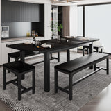 iPormis 5-Piece Dining Table Set for 4-8 People, Extendable Kitchen Table Set with 2 Benches and 2 Square Stools, Mid-Century Dining Room Table with Metal Frame & MDF Board, Saving Space, Black iPormis