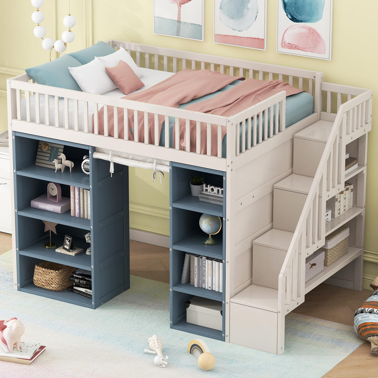 Merax Full Size Loft Bed with 2 Four-Layer Racks and Storage Staircase, Wooden Bed Frame with Curtain and Storage Cabinets, No Box Spring Needed, White+Blue Merax