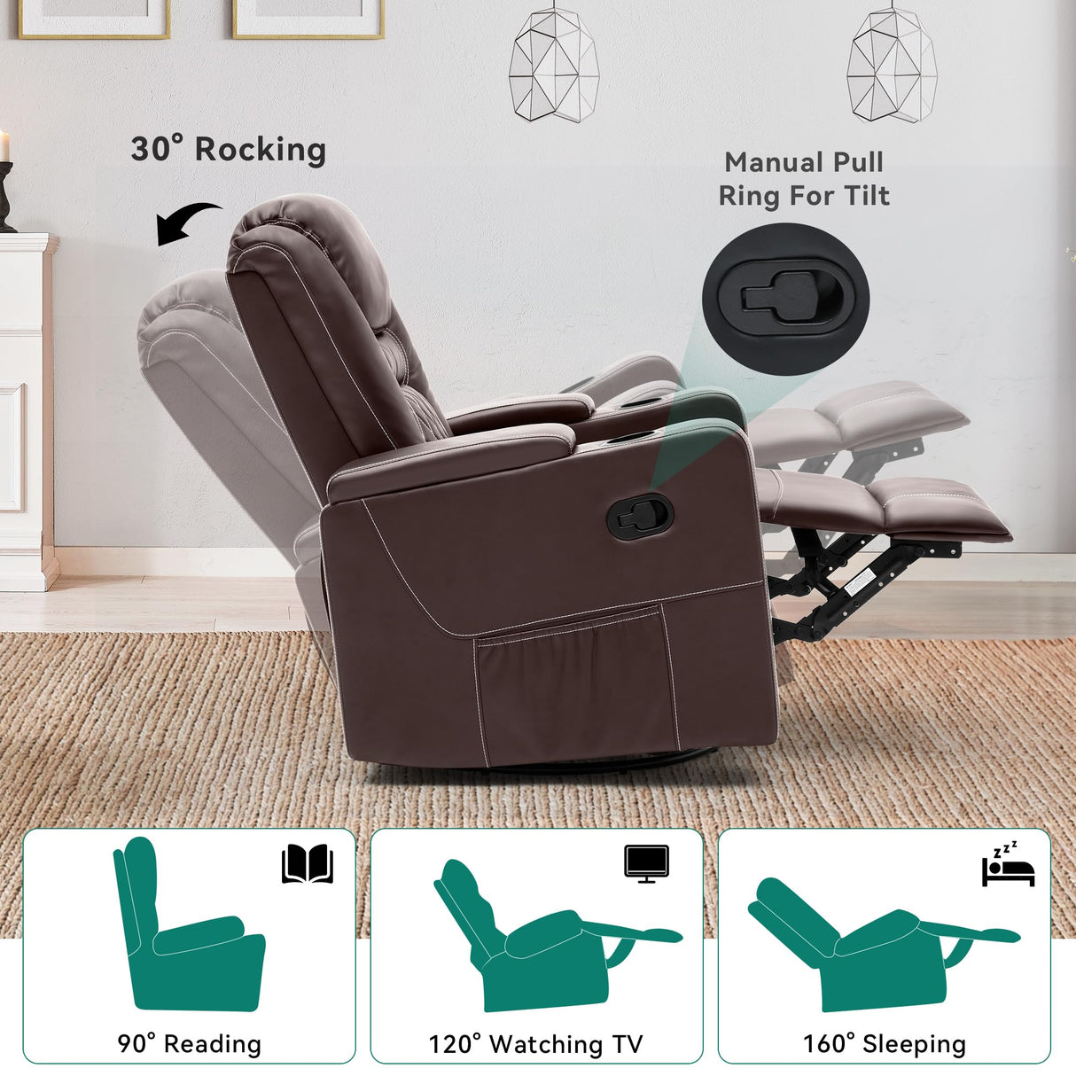 YITAHOME Swivel Rocking Recliner with Massage and Heat, Hidden Arm Storage, Faux Leather Rocker Recliner Chairs with Cup Holders, Comfy Home Theater Seating, Manual Recliner for Living Room, Brown2 YITAHOME