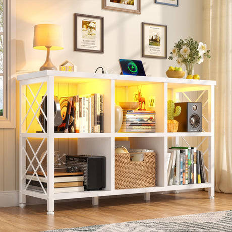 DurayLoly 6 Cube Storage Organizer with LED Light and Charging Station, Wood and Metal Cube Shelf, White Horizontal Book Shelf for Bedroom, Home Office DurayLoly