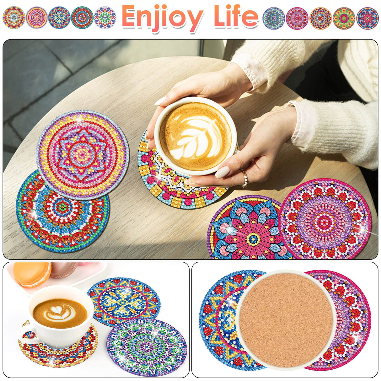 Billbotk Diamond Painting Coasters Kits, 10 Pieces Mandala Diamond Art Coasters with Holder, Arts and Crafts for Adults Billbotk