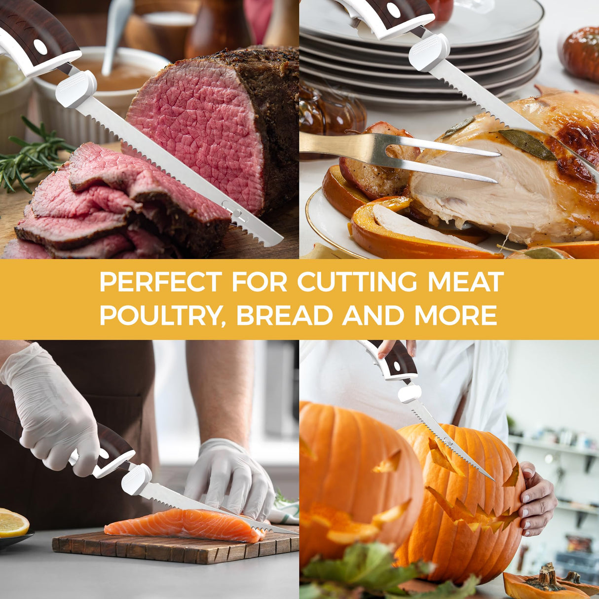 HBN Electric Knife Serrated Edge Blade Knife Set for Carving Meat, Bread, Turkey, Ribs, Fillet and Cheese, Ergonomic Handle + 3 Blades for Raw & Cooked Food (Wood Grain Finish) HBN