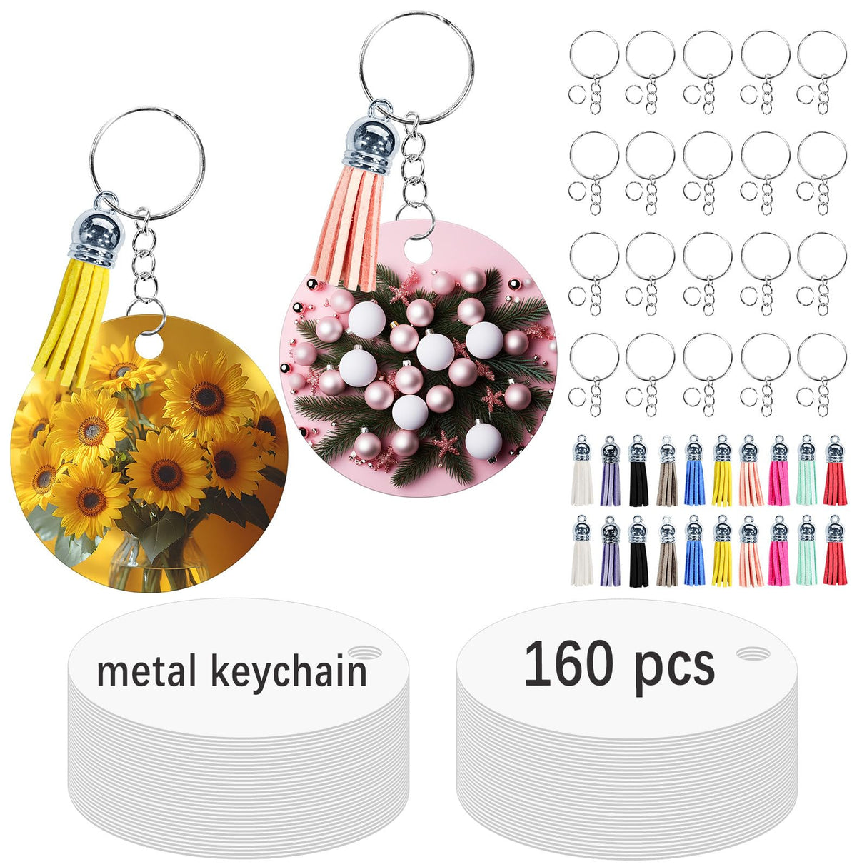 GEKIXUTP 160 Pcs metal Sublimation Keychain Blanks Bulk,Double Sided Sublimation Blanks Keychain Heat Transfer Keychain Blanks with Tassels,Sublimation Ornament Blanks key chain GEKIXUTP