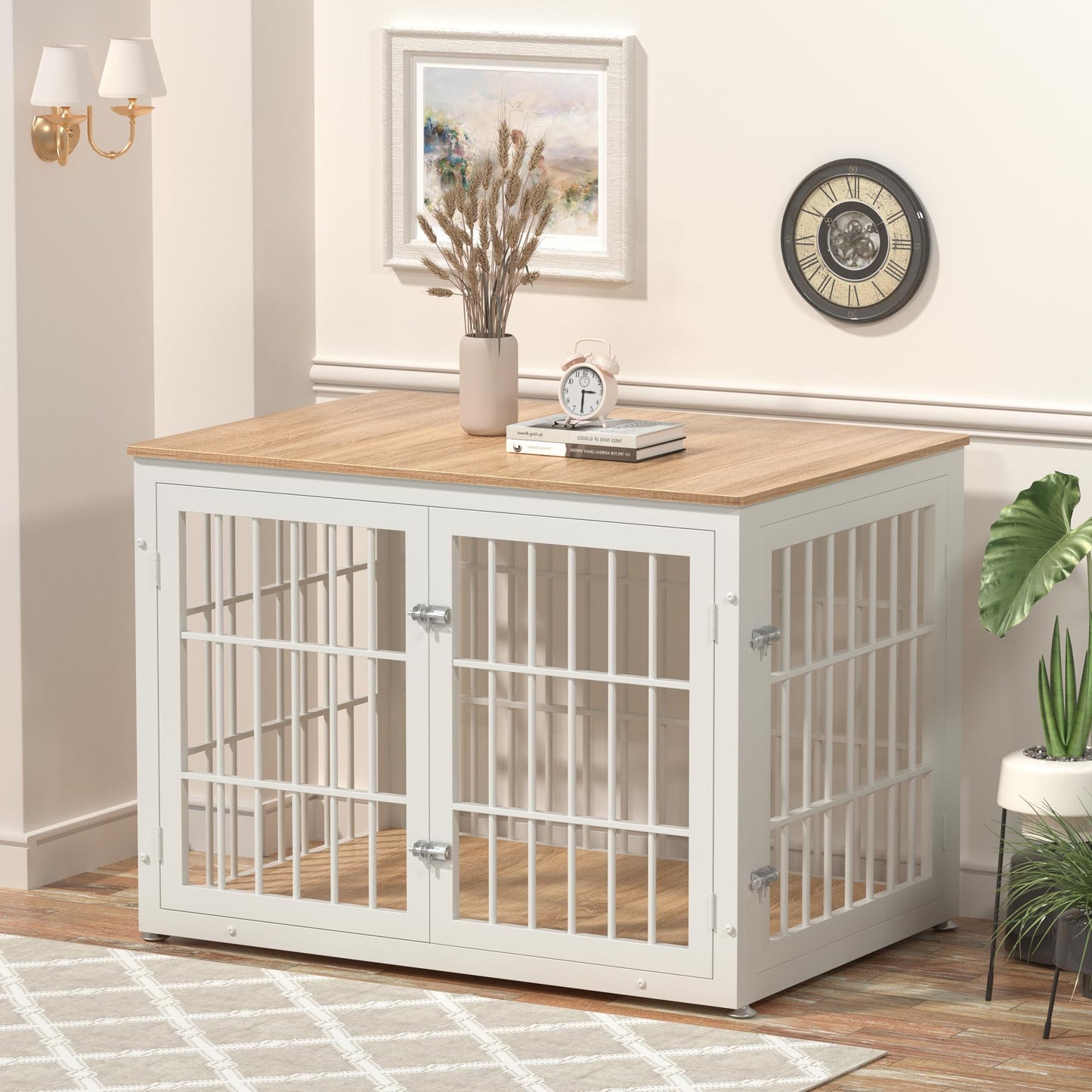 rehomerance Heavy Duty Dog Crate Furniture for Large and Medium Dogs, Decorative Pet House End Table, Wooden Cage Kennel Indoor, White and Natural - WoodArtSupply