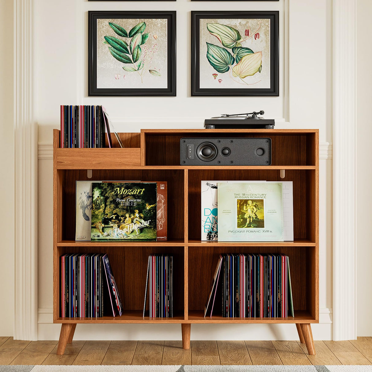 DIYART 3 Tier Large Record Player Stand with Power Outlet, Vinyl Record Storage Table holds Up to 500 Albums, Mid-Century Turntable Stand, Brown DIYART