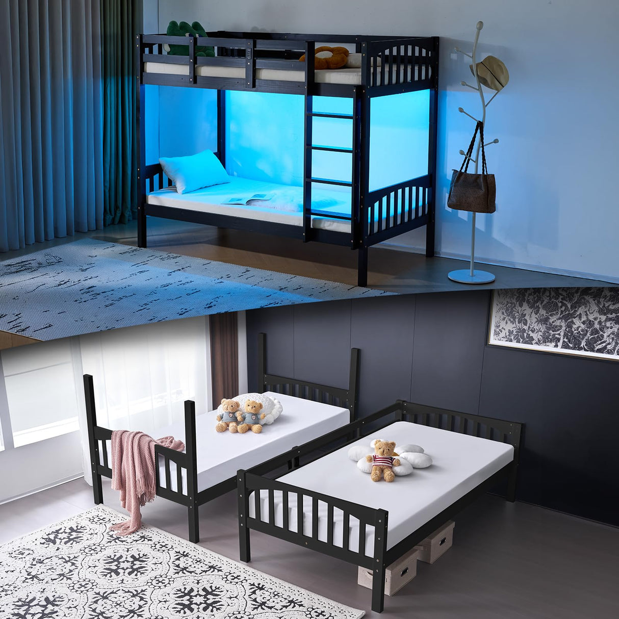 VINGLI Solid Wood Bunk Bed Twin Over Twin with LED Lights/USB Port Charge Station/Scoring Rungs, Convertible Bunk Beds with Extra 15 inches Tall Guardrial and Ladder for Kids, Black VINGLI