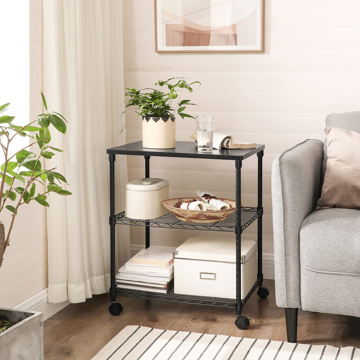 SONGMICS 3 Tier Printer Stand, Printer Table with Wheels, Rolling Printer Cart, Printer Desk with Metal Frame for Home Office, 22 x 18.1 x 26.8 Inches, Black ULGR32BK SONGMICS