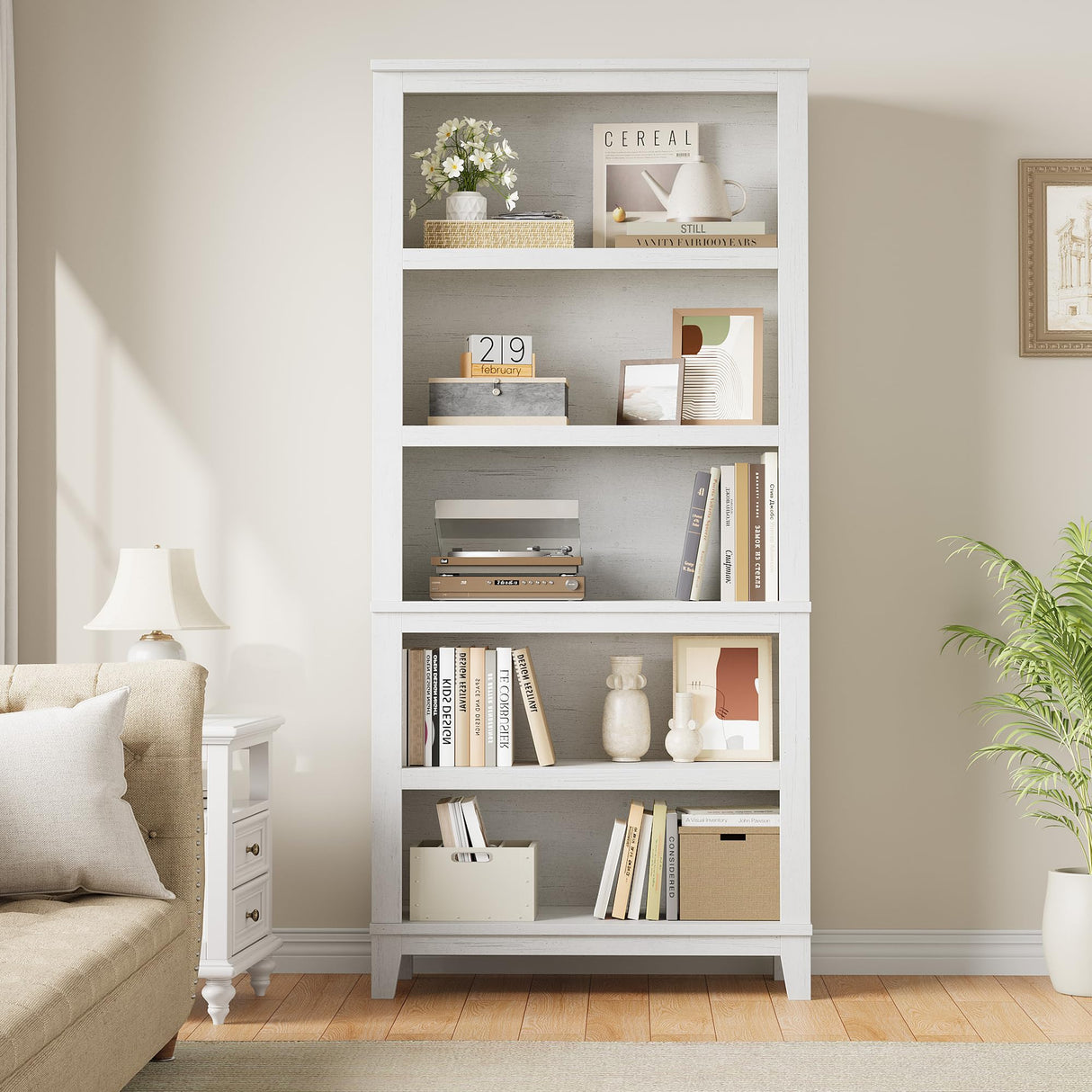 SLEKVERSA 71" Farmhouse Bookcase w/Adjustable Shelves & 31.5" Width, 5 Tier Tall Bookshelf with Wooden Legs, Rustic Vintage Book Shelf for Living Room Office Library (White) SLEKVERSA