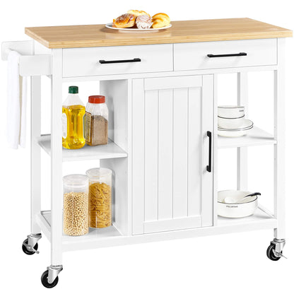 Yaheetech Kitchen Island Cart with Bamboo Countertop, Rolling Kitchen Storage Trolley with 2 Drawers and Adjustable Shelves, Compartment Cabinets and Towel Bar, 38.5x18x36 Inches, White - WoodArtSupply