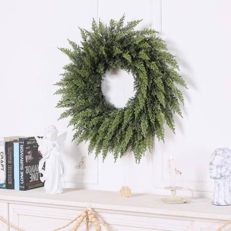 24" Real Touch Artificial Cedar Wreath - Faux Christmas Wreaths for Front Door,Faux Pine Green Wreath for Home, Holiday, Fireplace, Mantle,Wall, Windows, Xmas, Outdoor Decoration FOTEEWL